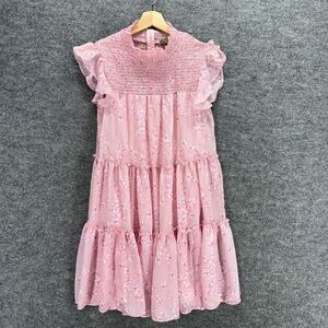 Melonie Dress Women 2 Pink Floral Shift Midi Zipper Lined Short Sleeve Crew Neck